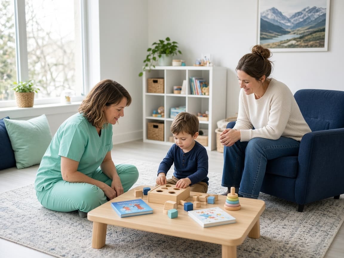Speech-language pathologist working with a child and parent in clinic