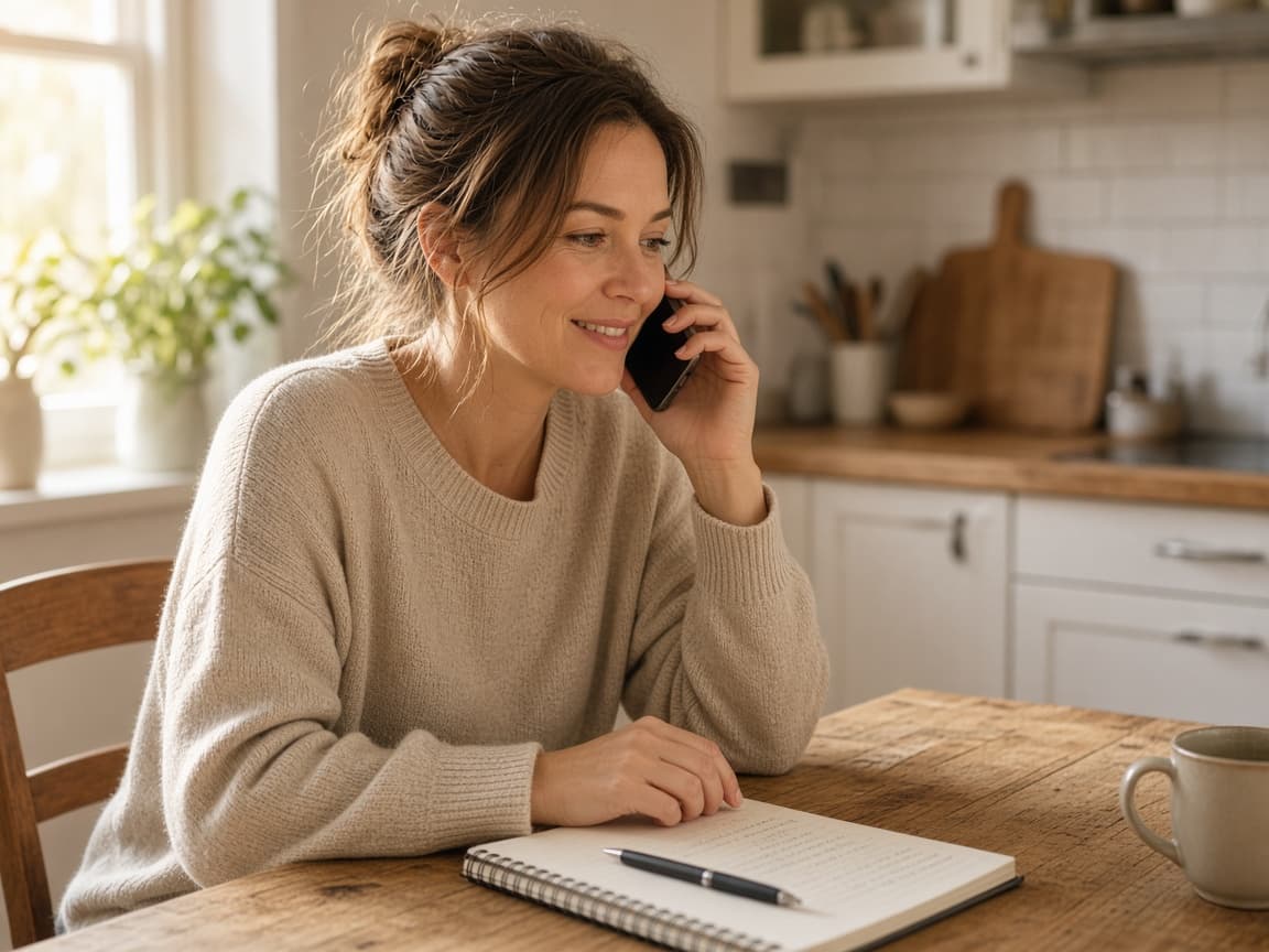 Parent on a phone consultation with a notebook at the kitchen table